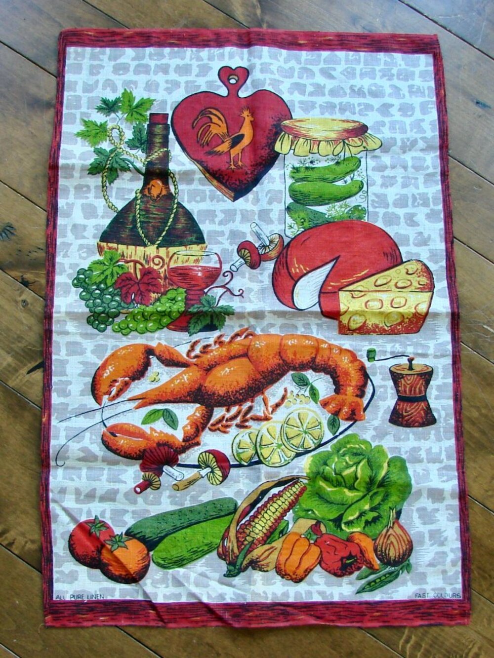 Vintage Linen Kitchen Tea Towel Lobster Vegetables Pickles Mushrooms Rooster